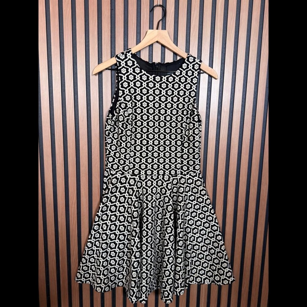 Cynthia Rowley Dress Small Beige Black Textured Fit & Flare Sleeveless Stretch
